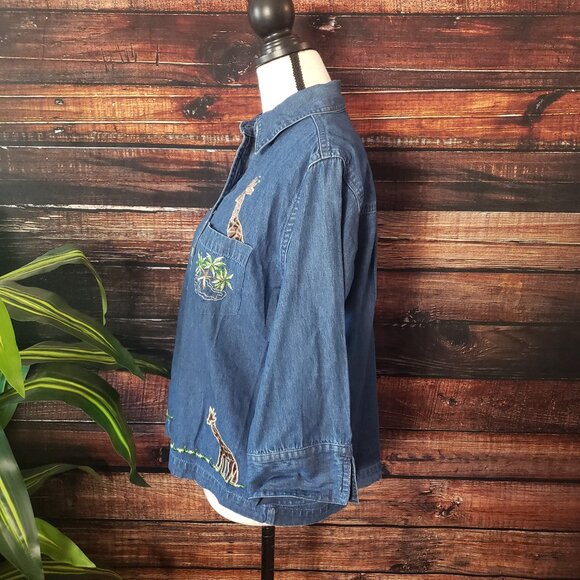 New Direction Denim Jean Top Size M Embroidered Velvet Giraffe Shirt 3/4 Sleeves - Picture 5 of 12